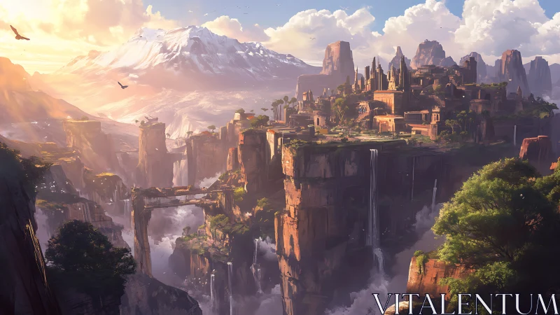 Sunlit cliffside kingdom floats above roaring waterfall canyons