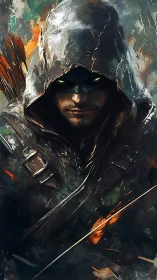 Hooded stealth archer with glowing eyes in dynamic brushwork