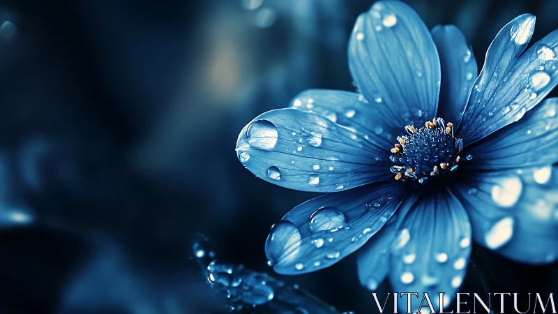 Blue Daisy with Water Droplets in Macro Focus Photography
