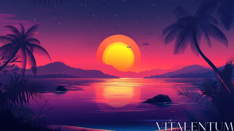 Neon dusk lagoon where cosmic sunrays bathe quiet palms.