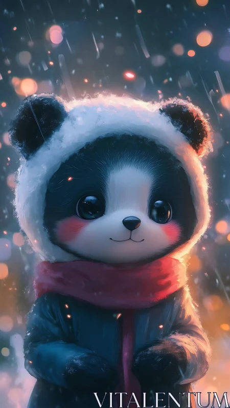 Snowy night panda cub wears red scarf in soft bokeh glow