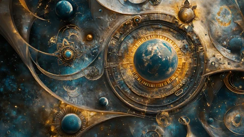 Celestial clockwork orbits a glowing planet in cosmic gold.