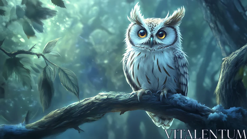 Enchanting Owl on Tree Branch in Dreamlike Forest Art Style.