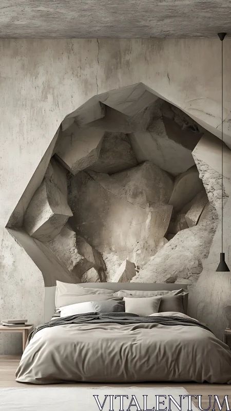 Cavern of concrete dreams cradling a serene modern bedscape.