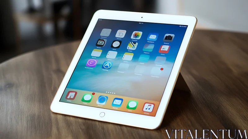 Apple iPad Air white tablet displaying iOS home screen with app icons at wooden surface