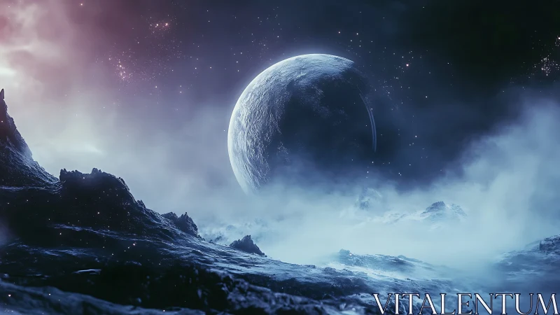 Frozen alien landscape lies beneath distant illuminated planet