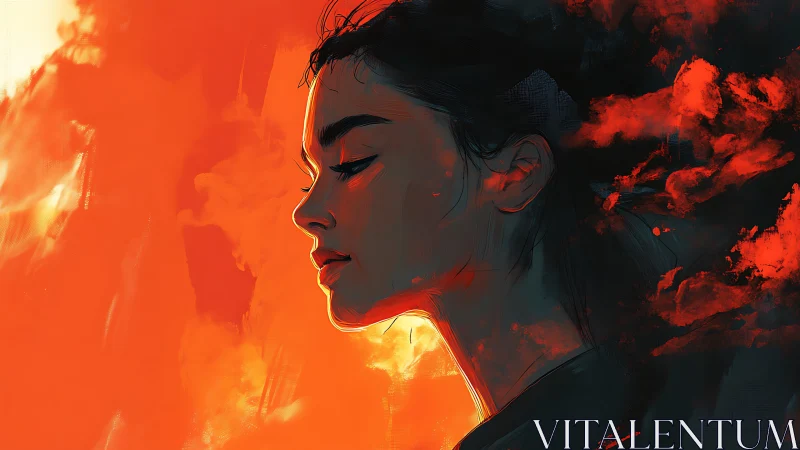 Fiery Profile Against Glowing Orange Sky and Flames.