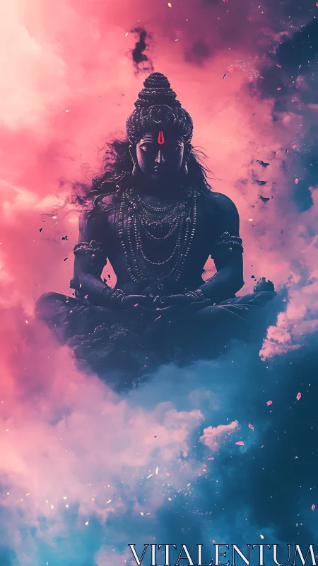 Meditative deity silhouette suspended in bifurcated nebular clouds