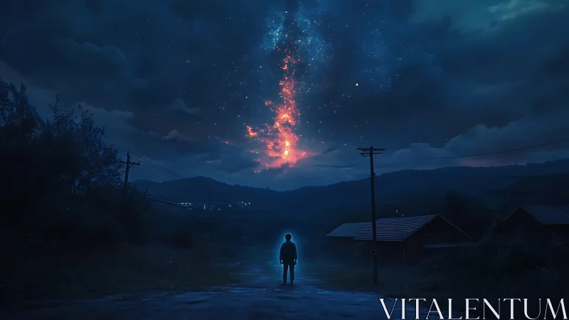 Curious child gazes up at a glowing cosmic sky in wonder