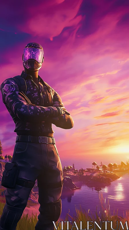 Mirror-visored sentry guarding neon sunset shores.