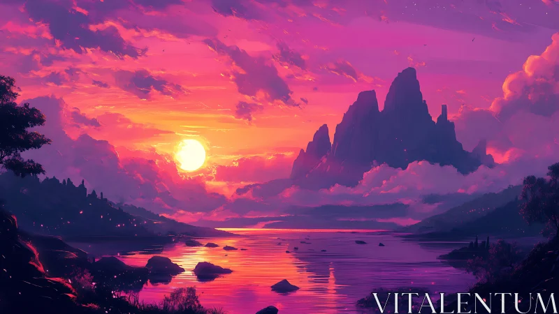 Vibrant mountain lake sunset under saturated magenta sky.