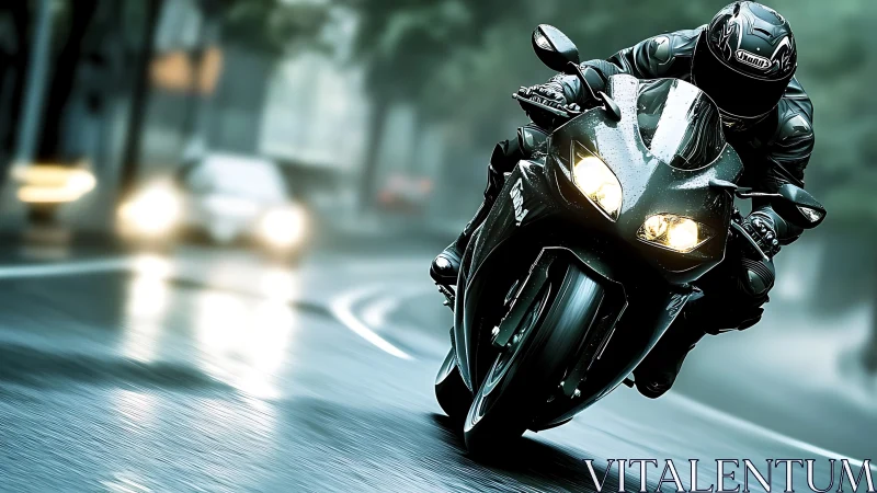 Dynamic sportbike lean on wet city curve, motion-blur composition.