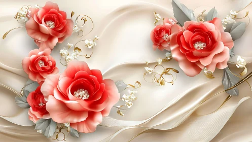 Crimson Peonies Dance Through Silk & Shimmer.