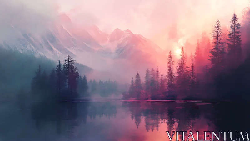 Mist-covered conifer forest reflects on still mountain lake