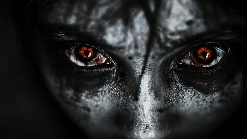 Demonic eyes burn through shadowed, cracked monochrome skin.