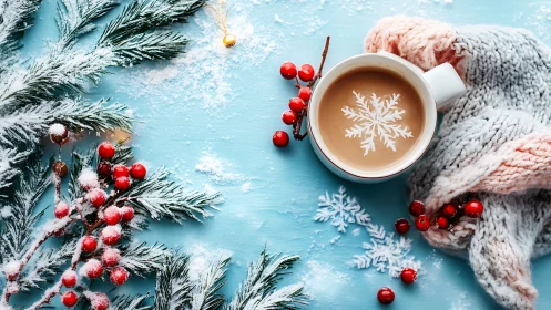 Thermal cocoa interface amid frosted conifer array on blue plane.