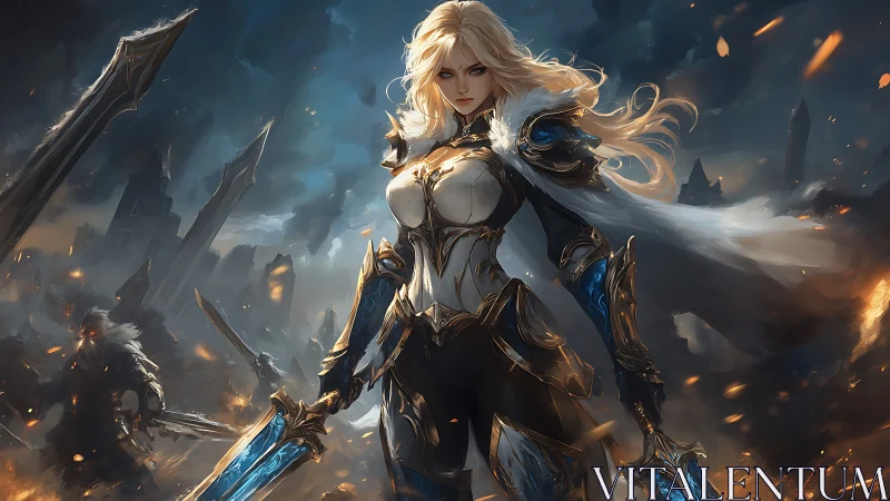 Armored blonde warrior commands blazing ruined battlefield.