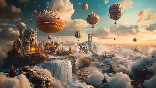 Fantastical sky kingdom with dessert-shaped airships.