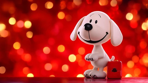 Smiling cartoon puppy figurine on red bokeh background.
