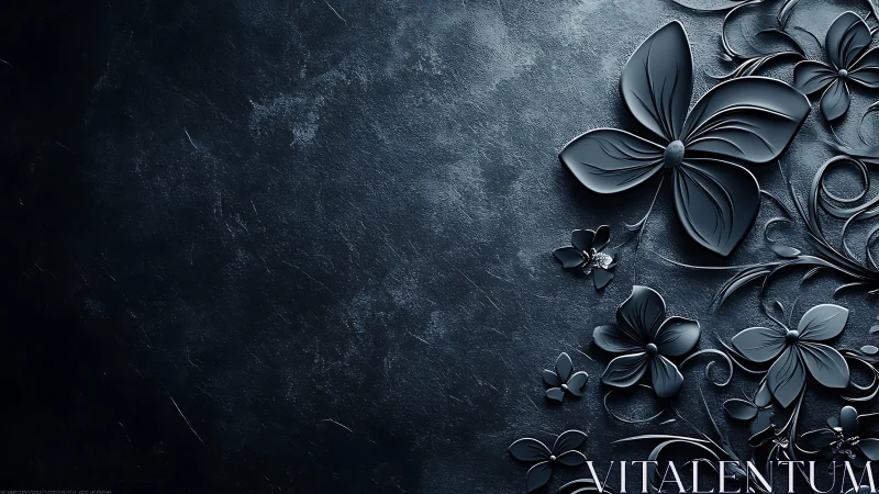 Dark Relief Floral Composition: Embossed Botanical Motifs on Textured Surface