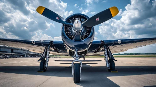 Vintage propeller aircraft front view on sunlit runway