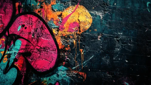 Multicolored abstract graffiti on dark textured wall surface.