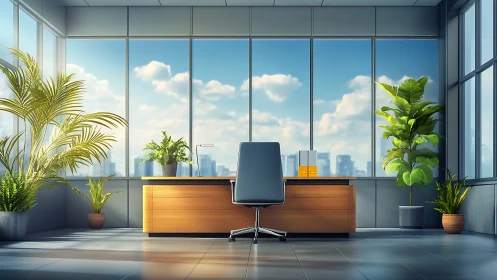 Contemporary office workspace with wooden desk and expansive window view