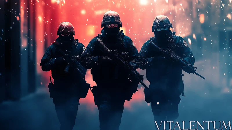 Armed tactical unit advances through a neon storm