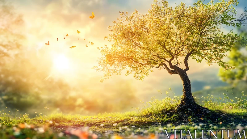 Sunlit spring tree rendered in luminous digital painting