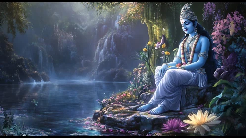 Blue divine figure meditates beside luminous forest lake