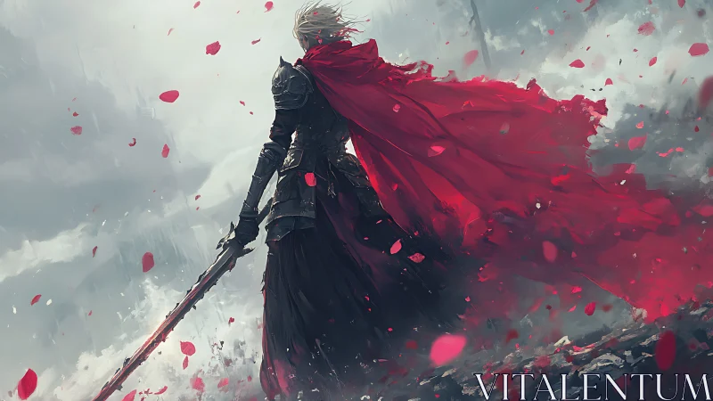 Lone armored warrior in red cape among drifting petals.