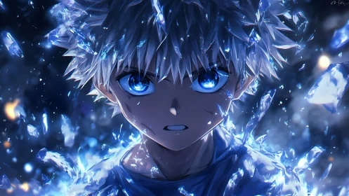 Intense blue eyed anime boy amid luminous shattered ice shards