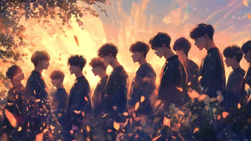 Digital painting of mirrored youths in radiant dusk clearing.