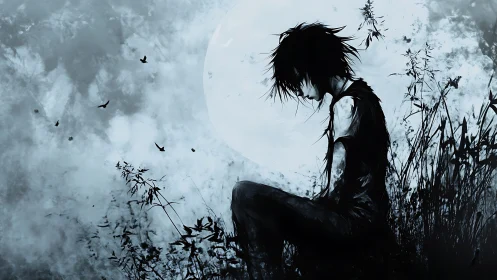 Moonlit silhouette rests quietly in a soft, lonely night