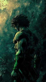 Brooding green warrior in stormlit vertical anime artwork.