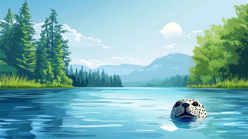 Digital lake landscape shows seal head emerging in foreground