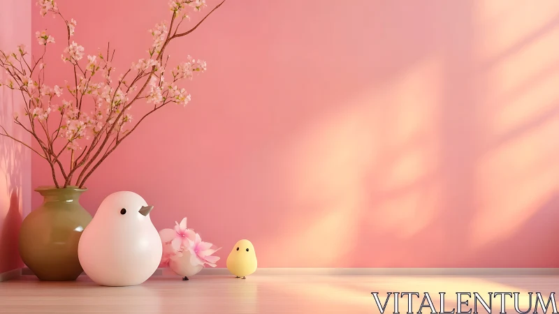 Soft sunshine nest for pastel birds in a cherry-blush corner.