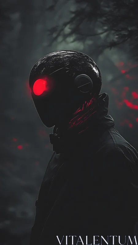 Red-eyed sentinel stalks through the fog-drowned cyber forest