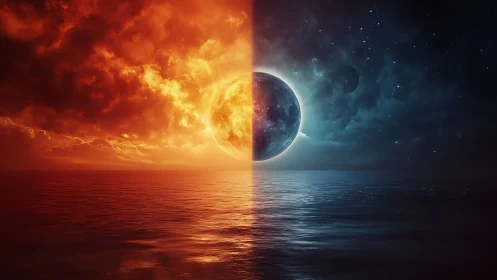 Split celestial sphere divides fiery sky and cool night sea