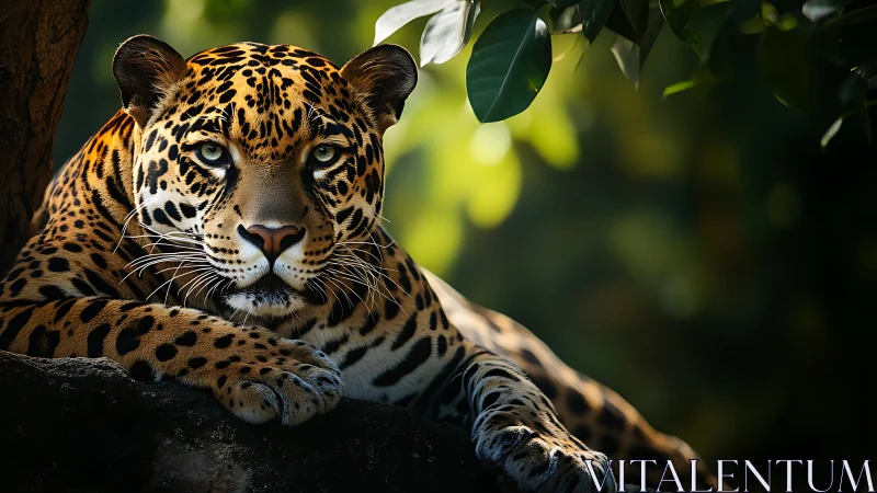 Resting jaguar on tree ledge under soft forest light.
