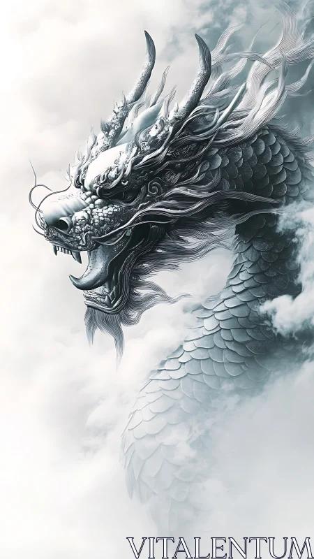 Mythic serpentine dragon emerging through ethereal storm clouds.