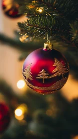 Macro view of red Christmas bauble with gold fir tree motifs