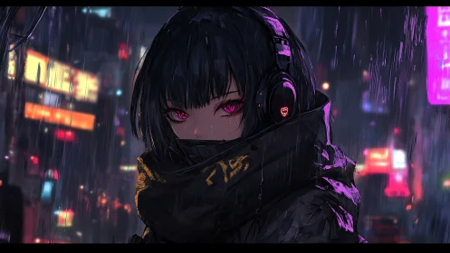 Hooded cyberpunk girl studies neon city through rain