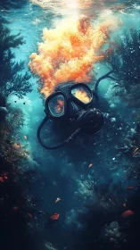 Diving mask suspended in illuminated underwater seascape.