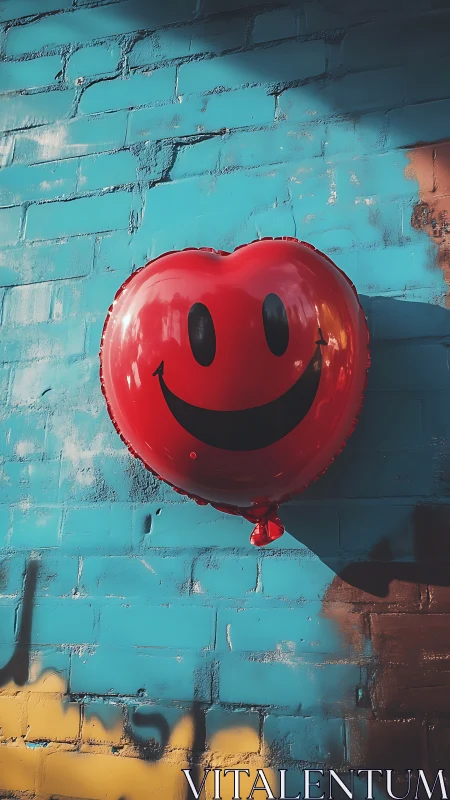 Cheerful red heart balloon smiles against bright blue bricks