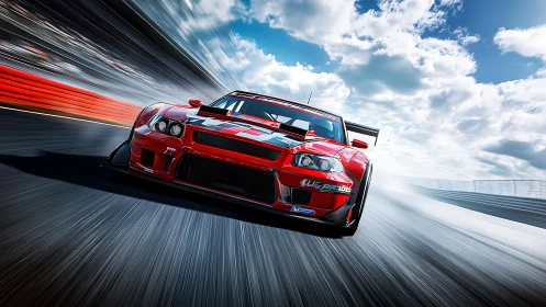 Red race car powering through high-speed circuit corners.