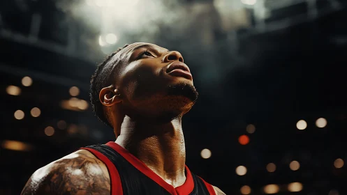 Arena lights crown a focused basketball player in quiet fire.
