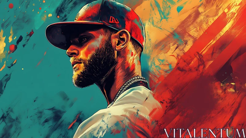 Baseball player portrait stands in vivid abstract colors