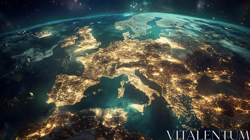 Illuminated European continent viewed from orbital nightscape.