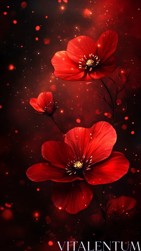 Glowing Red Flowers Against Dark Background.